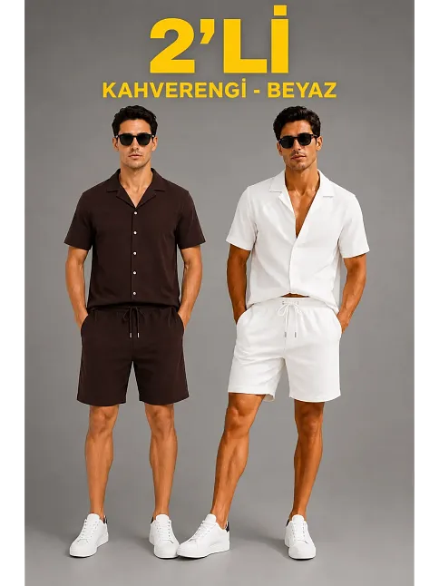 Erkek 2'li Krep Kumaş Cepli Gömlek Şort Takım Kısa Kollu Bağcıklı - Kahverengi & Beyaz