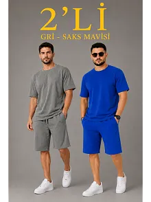 Erkek 2’li Oversize Tişört Şort Takım Seti Yazlık İki İplik Kumaş - Gri, Saks Mavisi