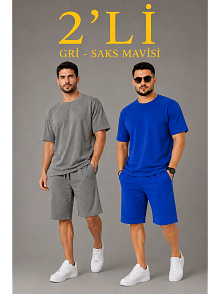 Erkek 2’li Oversize Tişört Şort Takım Seti Yazlık İki İplik Kumaş - Gri, Saks Mavisi