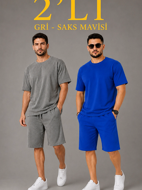 Erkek 2’li Oversize Tişört Şort Takım Seti Yazlık İki İplik Kumaş - Gri, Saks Mavisi