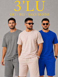 Erkek 2’li Oversize Tişört Şort Takım Seti Yazlık İki İplik Kumaş - Gri, Saks Mavisi, Bej