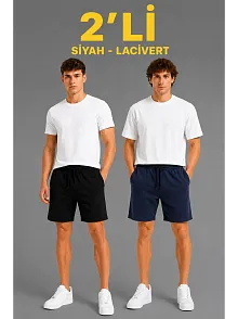 Erkek 2'li Pamuklu Şort 3 İplik Şardonsuz Cepli Lastikli Bağcıklı Regular Fit - Siyah & Lacivert