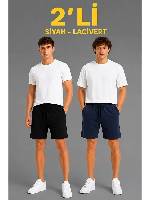 Erkek 2'li Pamuklu Şort 3 İplik Şardonsuz Cepli Lastikli Bağcıklı Regular Fit - Siyah & Lacivert