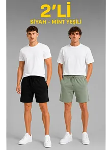 Erkek 2'li Pamuklu Şort 3 İplik Şardonsuz Yazlık Cepli Lastikli Bağcıklı - Siyah & Mint Yeşili