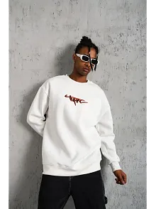 Erkek 3 İplik Pamuklu Bisiklet Yaka Gangster Baskılı Sweatshirt - Beyaz