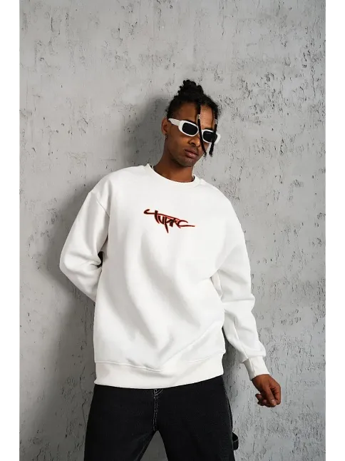 Erkek 3 İplik Pamuklu Bisiklet Yaka Gangster Baskılı Sweatshirt - Beyaz