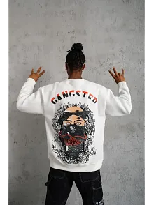 Erkek 3 İplik Pamuklu Bisiklet Yaka Gangster Baskılı Sweatshirt - Beyaz