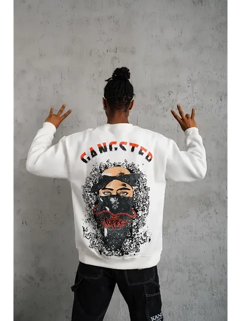Erkek 3 İplik Pamuklu Bisiklet Yaka Gangster Baskılı Sweatshirt - Beyaz