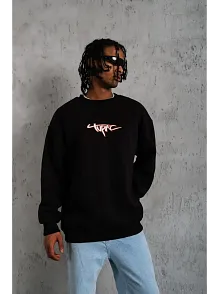 Erkek 3 İplik Pamuklu Bisiklet Yaka Gangster Baskılı Sweatshirt - Siyah
