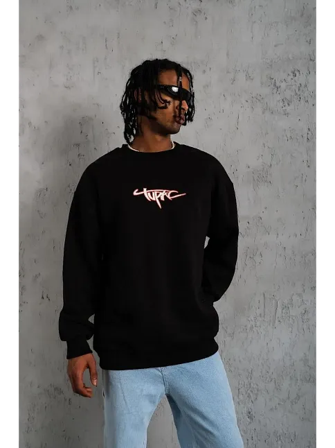 Erkek 3 İplik Pamuklu Bisiklet Yaka Gangster Baskılı Sweatshirt - Siyah