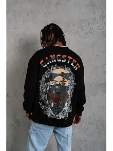 Erkek 3 İplik Pamuklu Bisiklet Yaka Gangster Baskılı Sweatshirt - Siyah