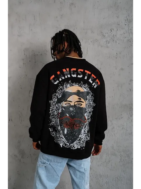 Erkek 3 İplik Pamuklu Bisiklet Yaka Gangster Baskılı Sweatshirt - Siyah