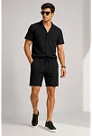 Erkek 3’lü Krep Kumaş Cepli Gömlek Şort Takım Kısa Kollu Bağcıklı - Füme, Siyah , Bej