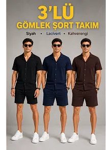 Erkek 3’lü Krep Kumaş Cepli Gömlek Şort Takım Kısa Kollu Bağcıklı - Siyah , Lacivert , Kahverengi