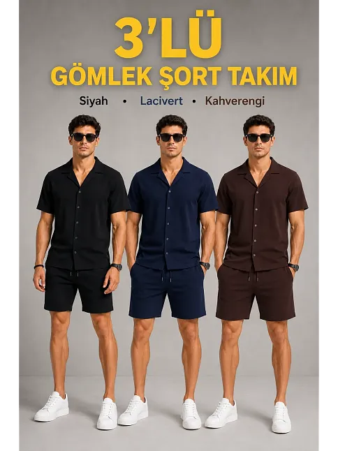 Erkek 3’lü Krep Kumaş Cepli Gömlek Şort Takım Kısa Kollu Bağcıklı - Siyah , Lacivert , Kahverengi