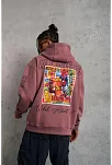 Erkek 3 İplik Pamuklu Kapüşonlu Baskılı Cepli Sweatshirt Hoodie - Gül Kurusu