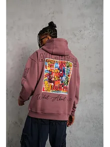 Erkek 3 İplik Pamuklu Kapüşonlu Baskılı Cepli Sweatshirt Hoodie - Gül Kurusu