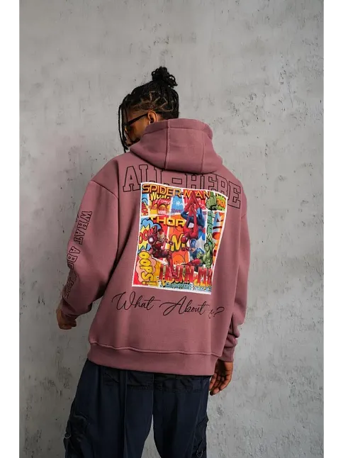 Erkek 3 İplik Pamuklu Kapüşonlu Baskılı Cepli Sweatshirt Hoodie - Gül Kurusu