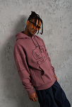 Erkek 3 İplik Pamuklu Kapüşonlu Baskılı Cepli Sweatshirt Hoodie - Gül Kurusu