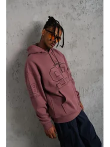 Erkek 3 İplik Pamuklu Kapüşonlu Baskılı Cepli Sweatshirt Hoodie - Gül Kurusu
