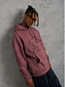 Erkek 3 İplik Pamuklu Kapüşonlu Baskılı Cepli Sweatshirt Hoodie - Gül Kurusu