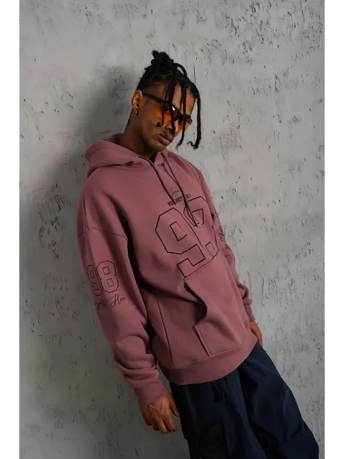 Erkek 3 İplik Pamuklu Kapüşonlu Baskılı Cepli Sweatshirt Hoodie - Gül Kurusu