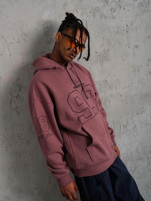 Erkek 3 İplik Pamuklu Kapüşonlu Baskılı Cepli Sweatshirt Hoodie - Gül Kurusu