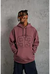 Erkek 3 İplik Pamuklu Kapüşonlu Baskılı Cepli Sweatshirt Hoodie - Gül Kurusu