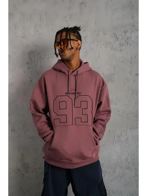 Erkek 3 İplik Pamuklu Kapüşonlu Baskılı Cepli Sweatshirt Hoodie - Gül Kurusu