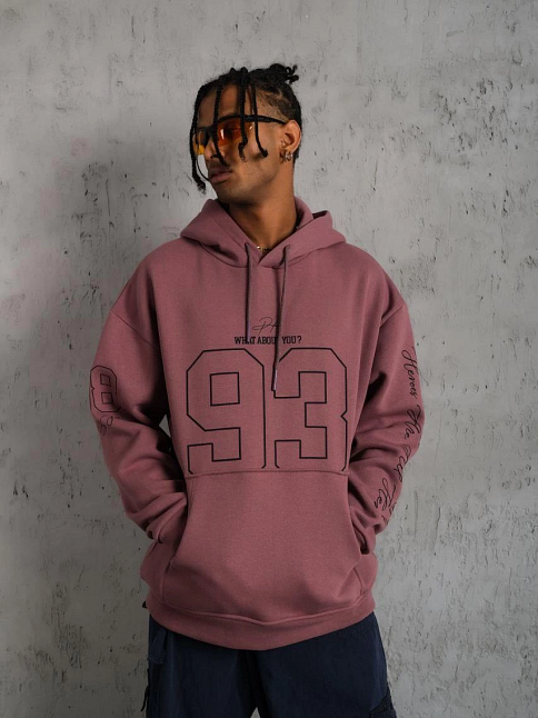 Erkek 3 İplik Pamuklu Kapüşonlu Baskılı Cepli Sweatshirt Hoodie - Gül Kurusu