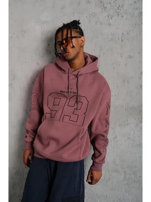 Erkek 3 İplik Pamuklu Kapüşonlu Baskılı Cepli Sweatshirt Hoodie - Gül Kurusu