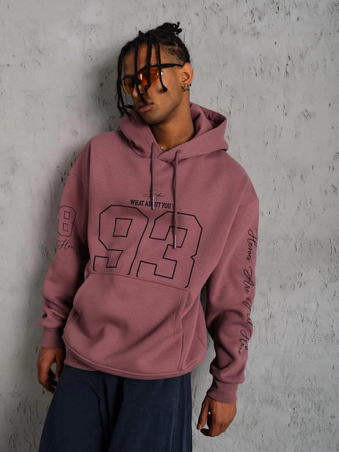 Erkek 3 İplik Pamuklu Kapüşonlu Baskılı Cepli Sweatshirt Hoodie - Gül Kurusu