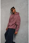 Erkek 3 İplik Pamuklu Kapüşonlu Baskılı Cepli Sweatshirt Hoodie - Gül Kurusu