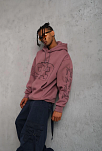 Erkek 3 İplik Pamuklu Kapüşonlu Baskılı Cepli Sweatshirt Hoodie - Gül Kurusu