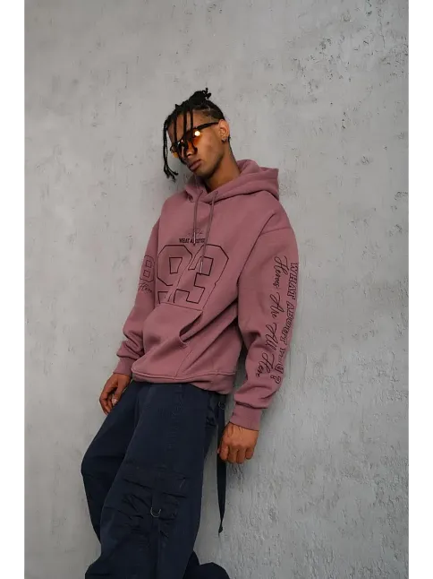 Erkek 3 İplik Pamuklu Kapüşonlu Baskılı Cepli Sweatshirt Hoodie - Gül Kurusu