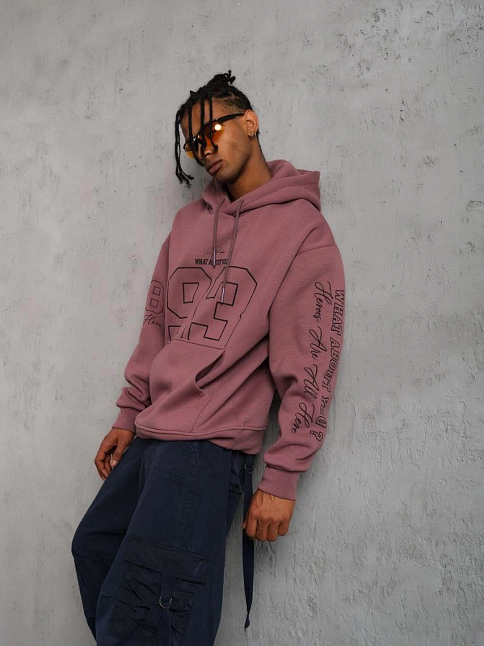 Erkek 3 İplik Pamuklu Kapüşonlu Baskılı Cepli Sweatshirt Hoodie - Gül Kurusu