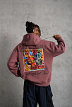 Erkek 3 İplik Pamuklu Kapüşonlu Baskılı Cepli Sweatshirt Hoodie - Gül Kurusu