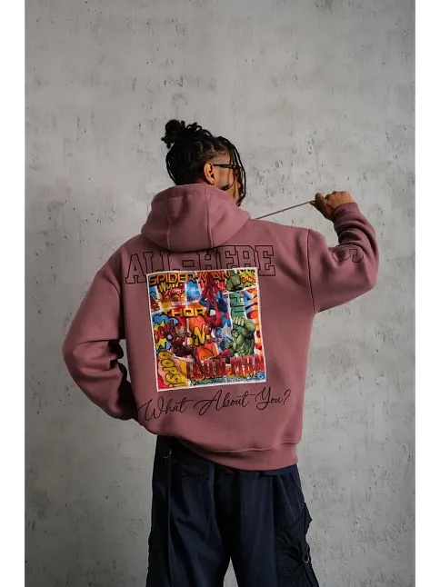 Erkek 3 İplik Pamuklu Kapüşonlu Baskılı Cepli Sweatshirt Hoodie - Gül Kurusu