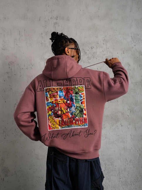 Erkek 3 İplik Pamuklu Kapüşonlu Baskılı Cepli Sweatshirt Hoodie - Gül Kurusu