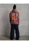 Erkek 3 İplik Pamuklu Kapüşonlu Baskılı Cepli Sweatshirt Hoodie - Gül Kurusu