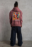 Erkek 3 İplik Pamuklu Kapüşonlu Baskılı Cepli Sweatshirt Hoodie - Gül Kurusu