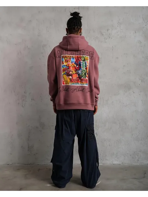 Erkek 3 İplik Pamuklu Kapüşonlu Baskılı Cepli Sweatshirt Hoodie - Gül Kurusu