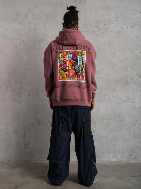 Erkek 3 İplik Pamuklu Kapüşonlu Baskılı Cepli Sweatshirt Hoodie - Gül Kurusu