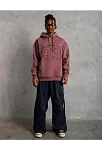 Erkek 3 İplik Pamuklu Kapüşonlu Baskılı Cepli Sweatshirt Hoodie - Gül Kurusu