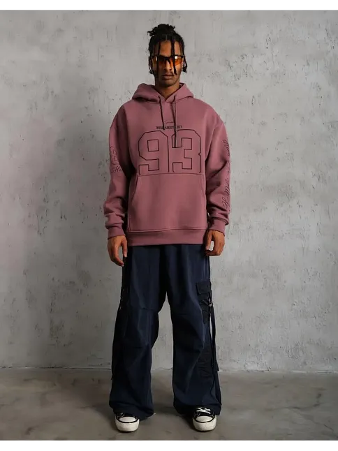 Erkek 3 İplik Pamuklu Kapüşonlu Baskılı Cepli Sweatshirt Hoodie - Gül Kurusu
