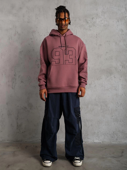 Erkek 3 İplik Pamuklu Kapüşonlu Baskılı Cepli Sweatshirt Hoodie - Gül Kurusu