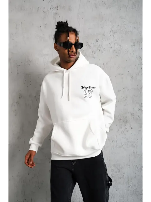 Erkek 98 Baskılı Kapşonlu 3 İplik Pamuklu Sweatshirt Hoodie - Beyaz