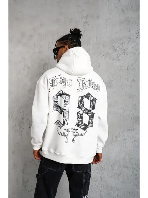 Erkek 98 Baskılı Kapşonlu 3 İplik Pamuklu Sweatshirt Hoodie - Beyaz