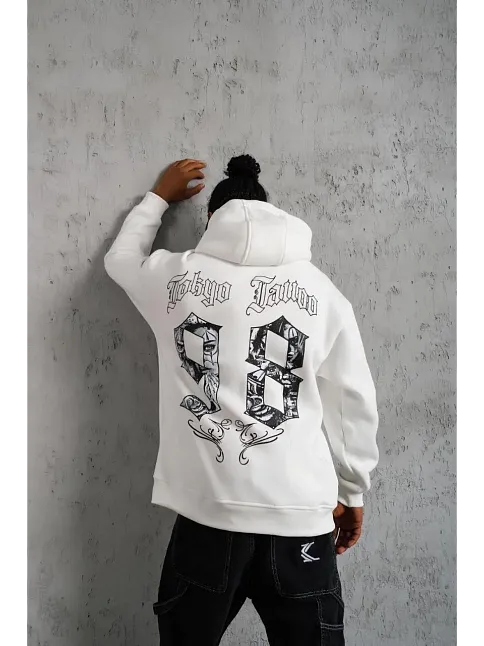 Erkek 98 Baskılı Kapşonlu 3 İplik Pamuklu Sweatshirt Hoodie - Beyaz