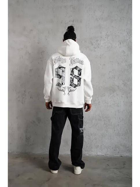 Erkek 98 Baskılı Kapşonlu 3 İplik Pamuklu Sweatshirt Hoodie - Beyaz